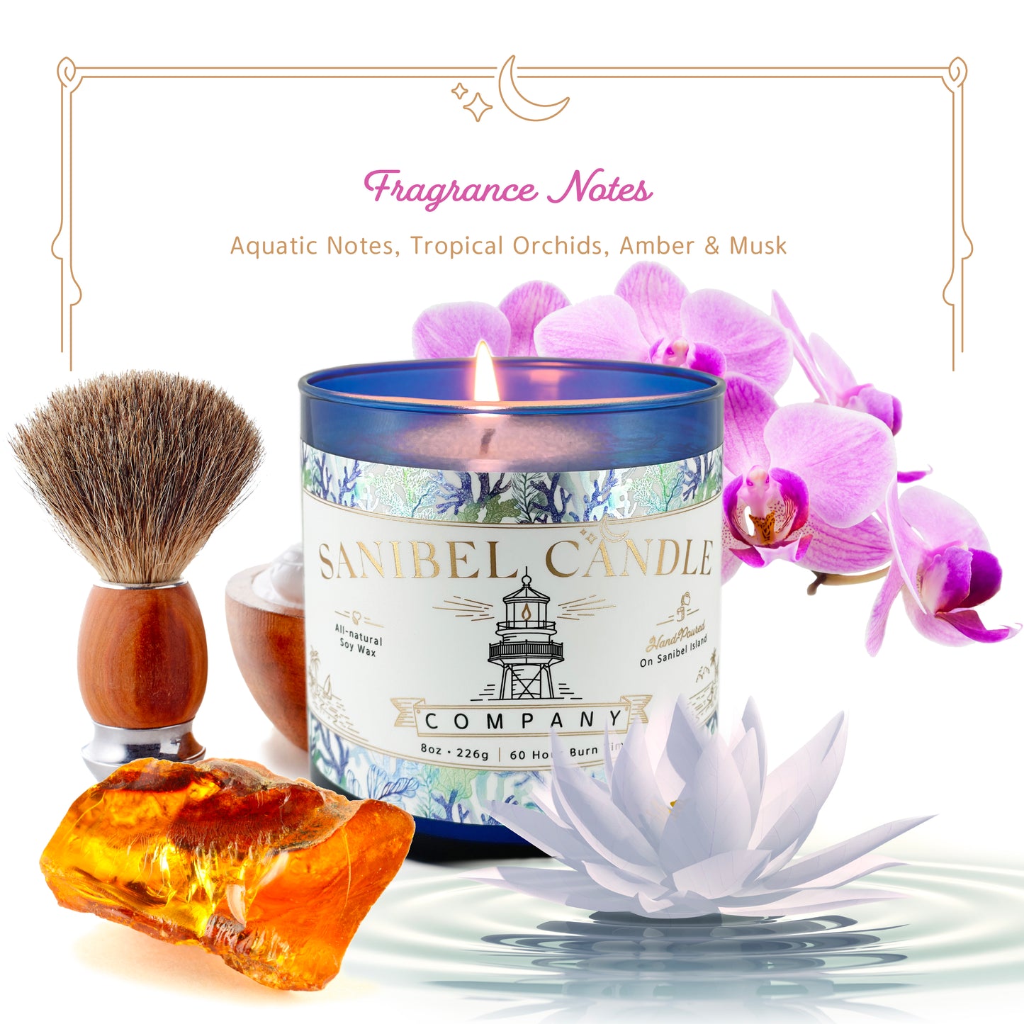 Sanibel Candle Company Signature Captiva Breeze fragrance notes aquatic notes, tropical orchids amber and musk