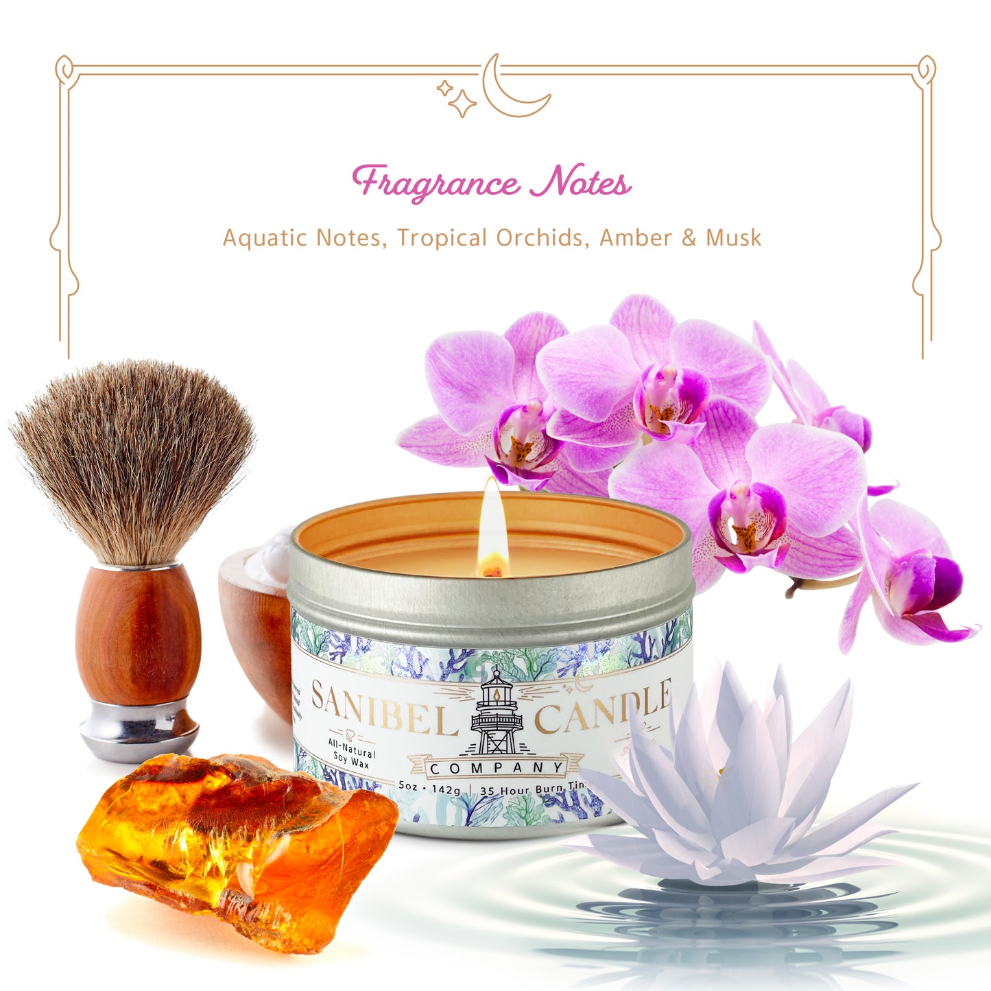 Sanibel Candle Company Signature Captiva Breeze fragrance notes aquatic notes, tropical orchids amber and musk