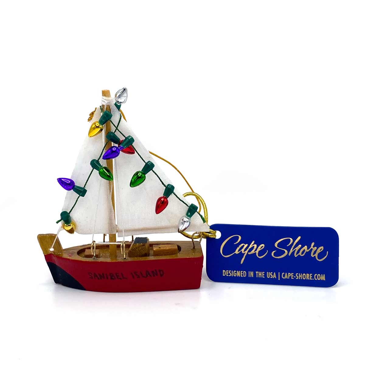 Wood Sailboat with Lights Christmas Ornament